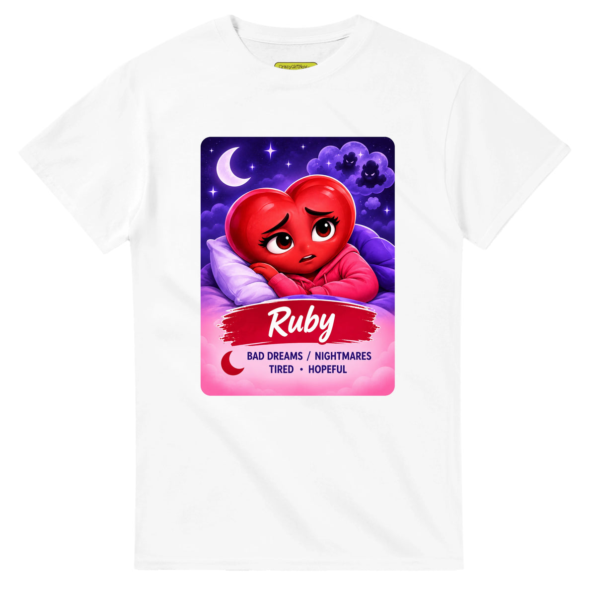 Ruby: The Night Dreamer heart for veteran nighttime fear and exhaustion awareness — white unisex t-shirt