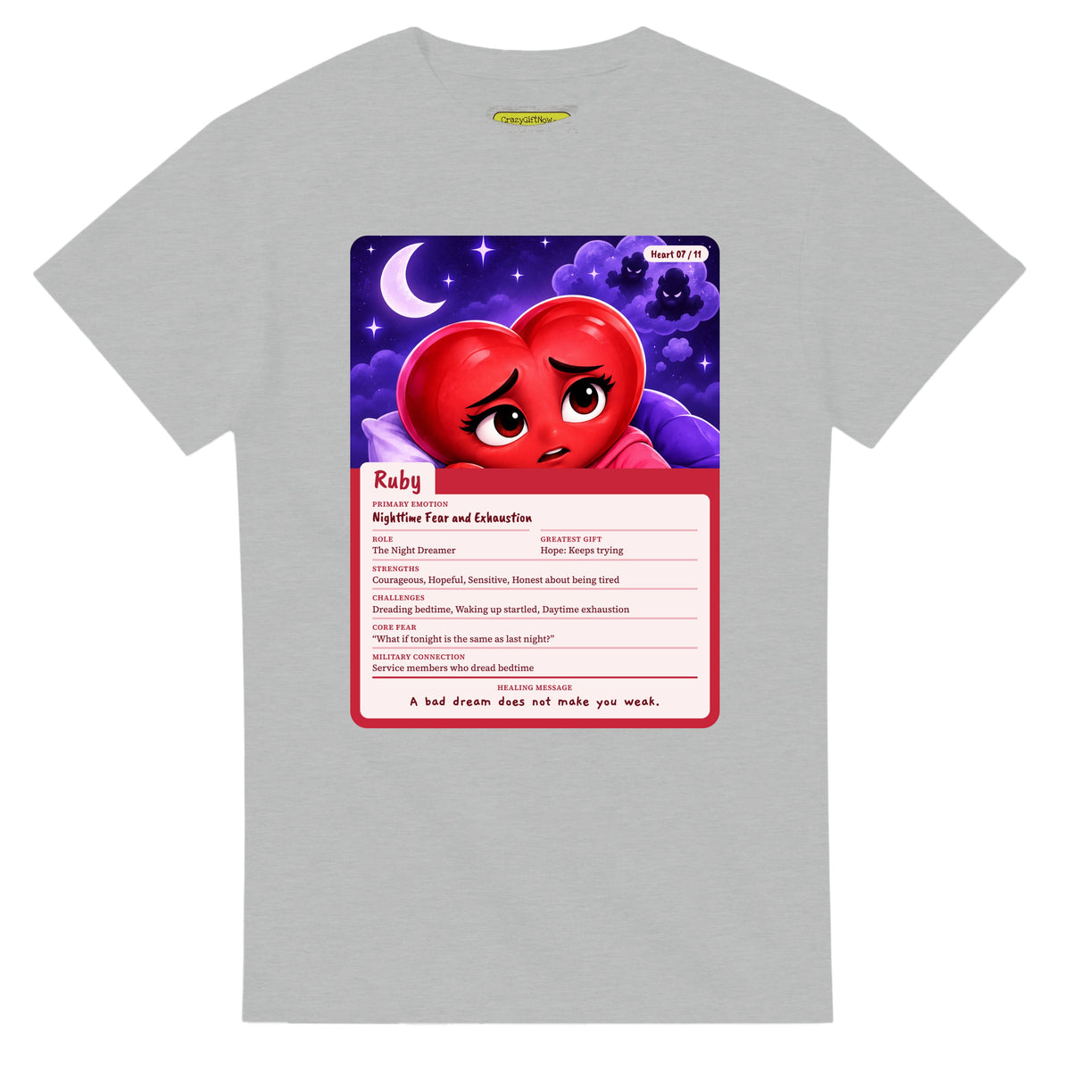 Ruby: The Night Dreamer heart card for veteran nighttime fear and exhaustion awareness — ash unisex t-shirt