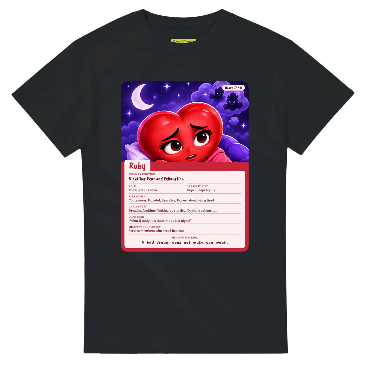 Ruby: The Night Dreamer heart card for veteran nighttime fear and exhaustion awareness — black unisex t-shirt