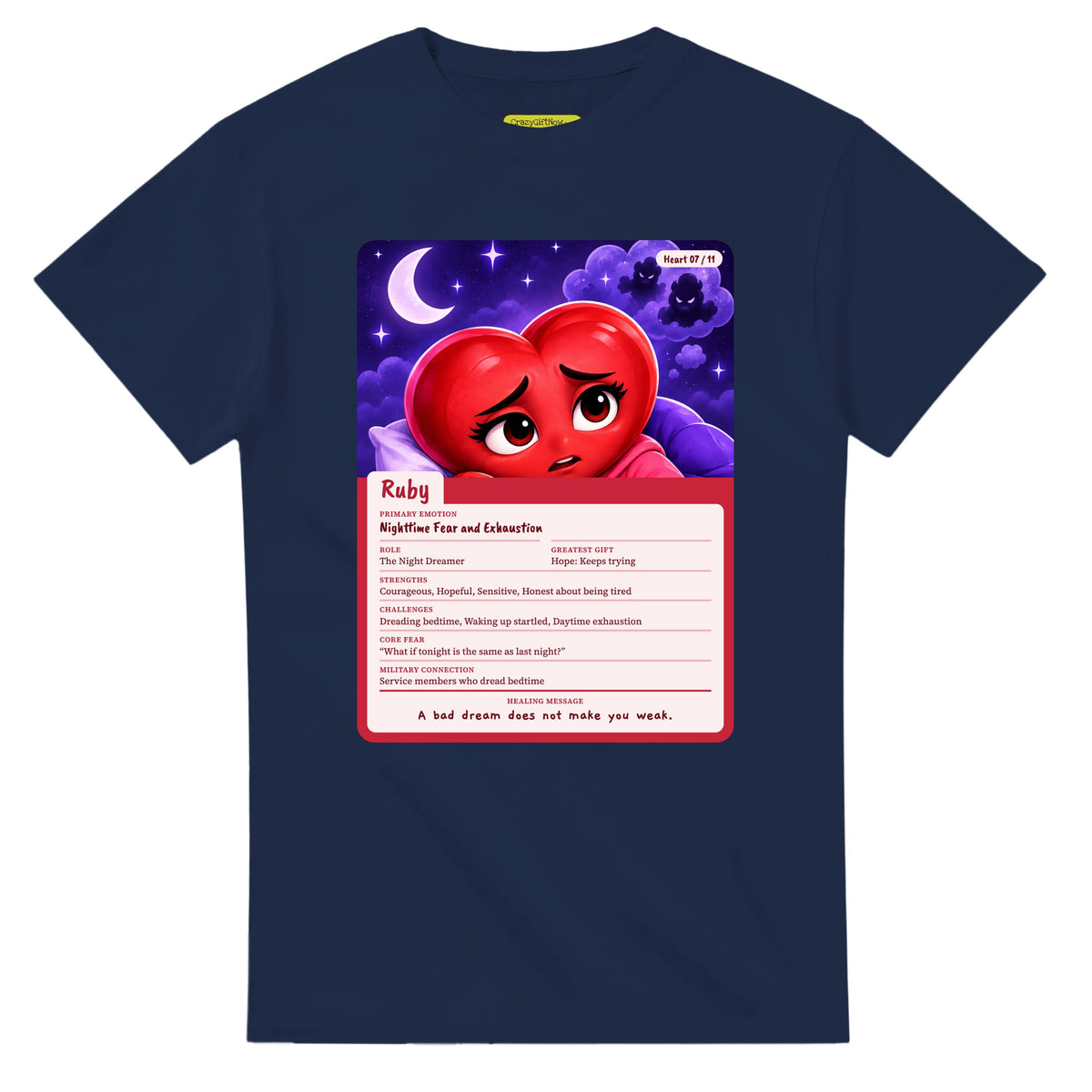 Ruby: The Night Dreamer heart card for veteran nighttime fear and exhaustion awareness — navy unisex t-shirt