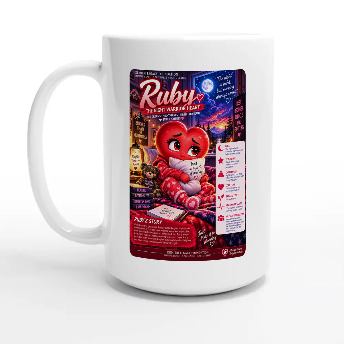 Ruby: The Night Warrior Heart story poster for veteran nighttime fear and exhaustion awareness — 15oz coffee mug, other side