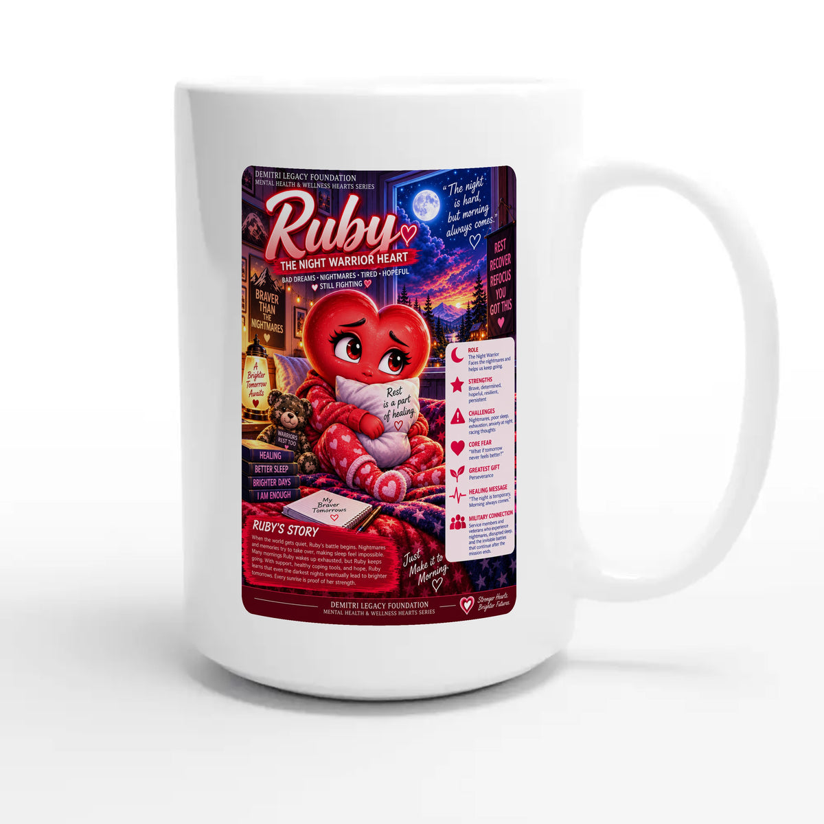 Ruby: The Night Warrior Heart story poster for veteran nighttime fear and exhaustion awareness — 15oz white coffee mug