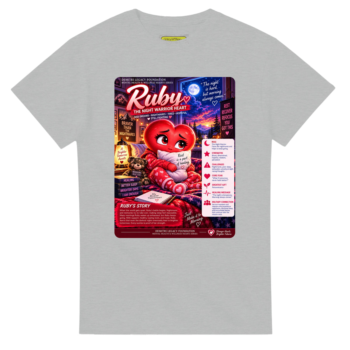 Ruby: The Night Warrior Heart story poster for veteran nighttime fear and exhaustion awareness — ash unisex t-shirt