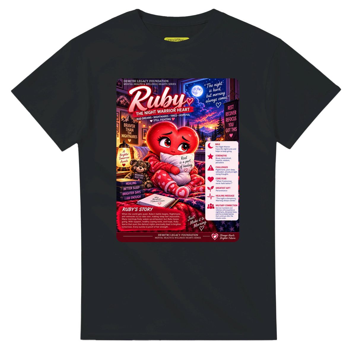 Ruby: The Night Warrior Heart story poster for veteran nighttime fear and exhaustion awareness — black unisex t-shirt