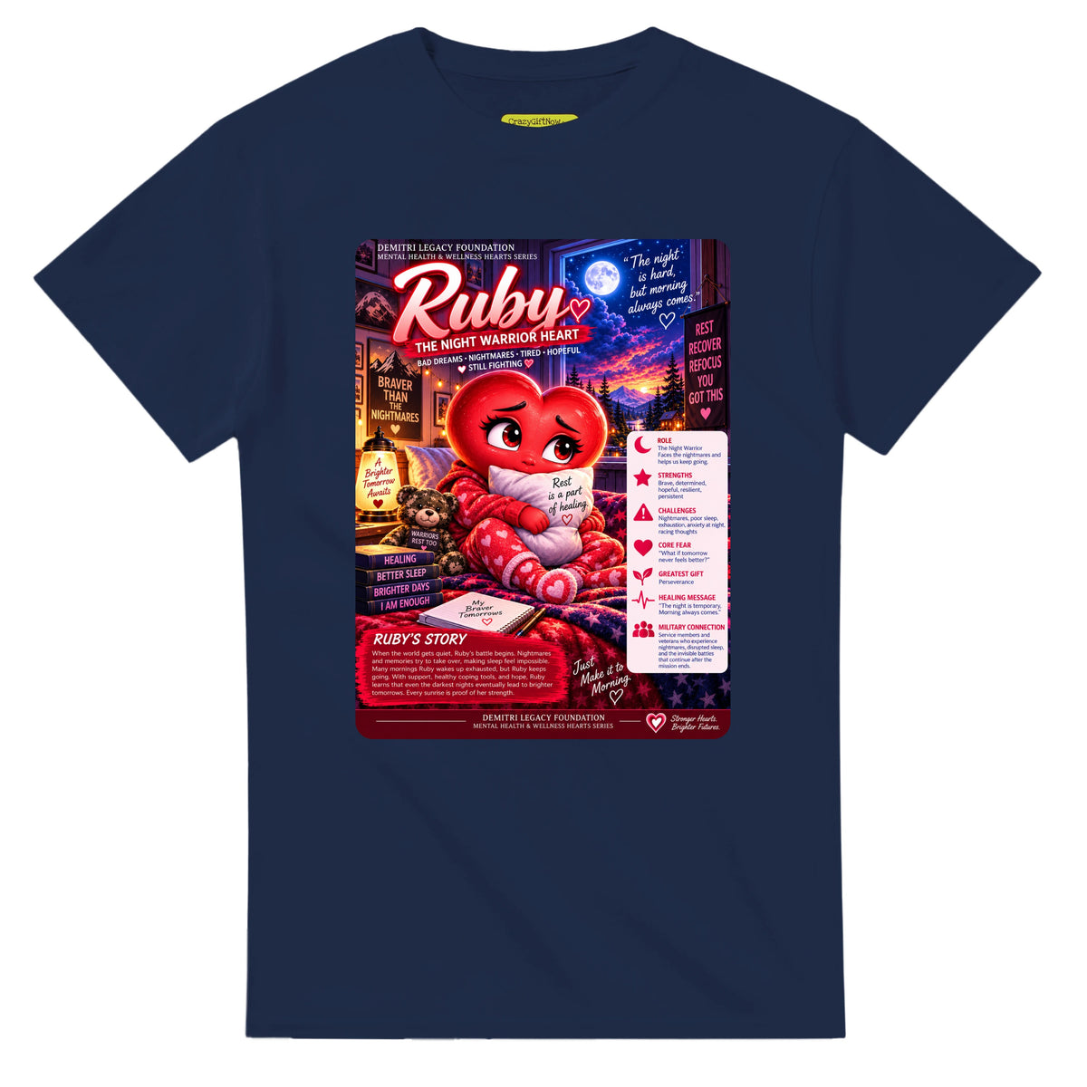 Ruby: The Night Warrior Heart story poster for veteran nighttime fear and exhaustion awareness — navy unisex t-shirt