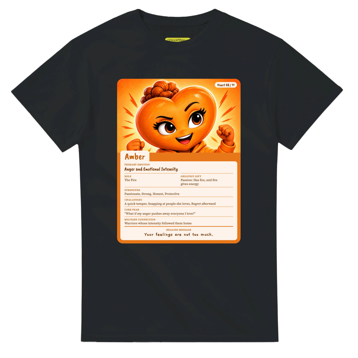 Amber: The Fire heart card for veteran anger and emotional intensity awareness — black unisex t-shirt