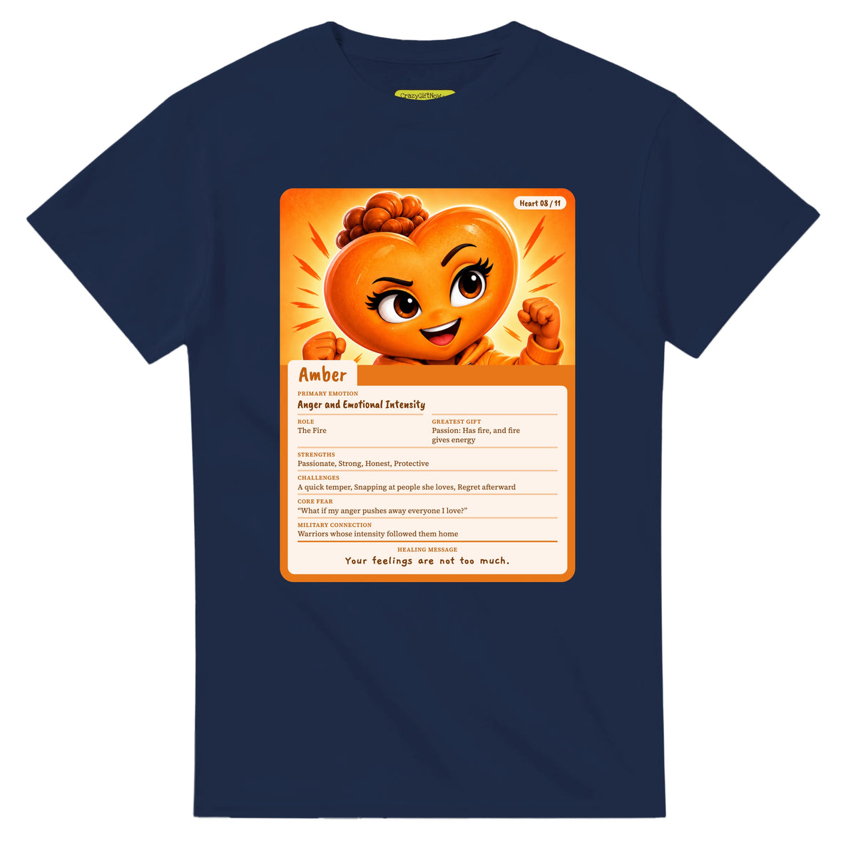 Amber: The Fire heart card for veteran anger and emotional intensity awareness — navy unisex t-shirt