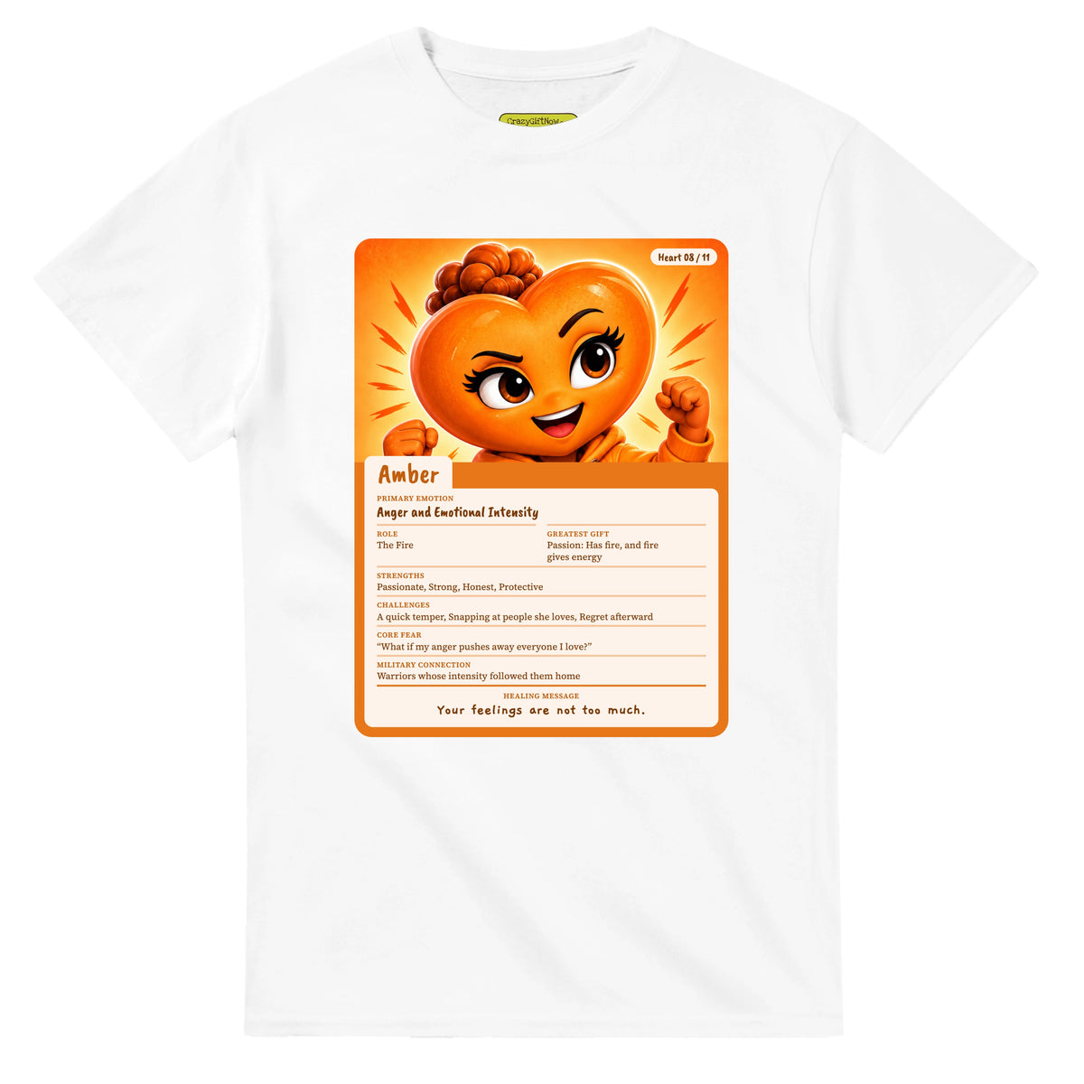 Amber: The Fire heart card for veteran anger and emotional intensity awareness — white unisex t-shirt