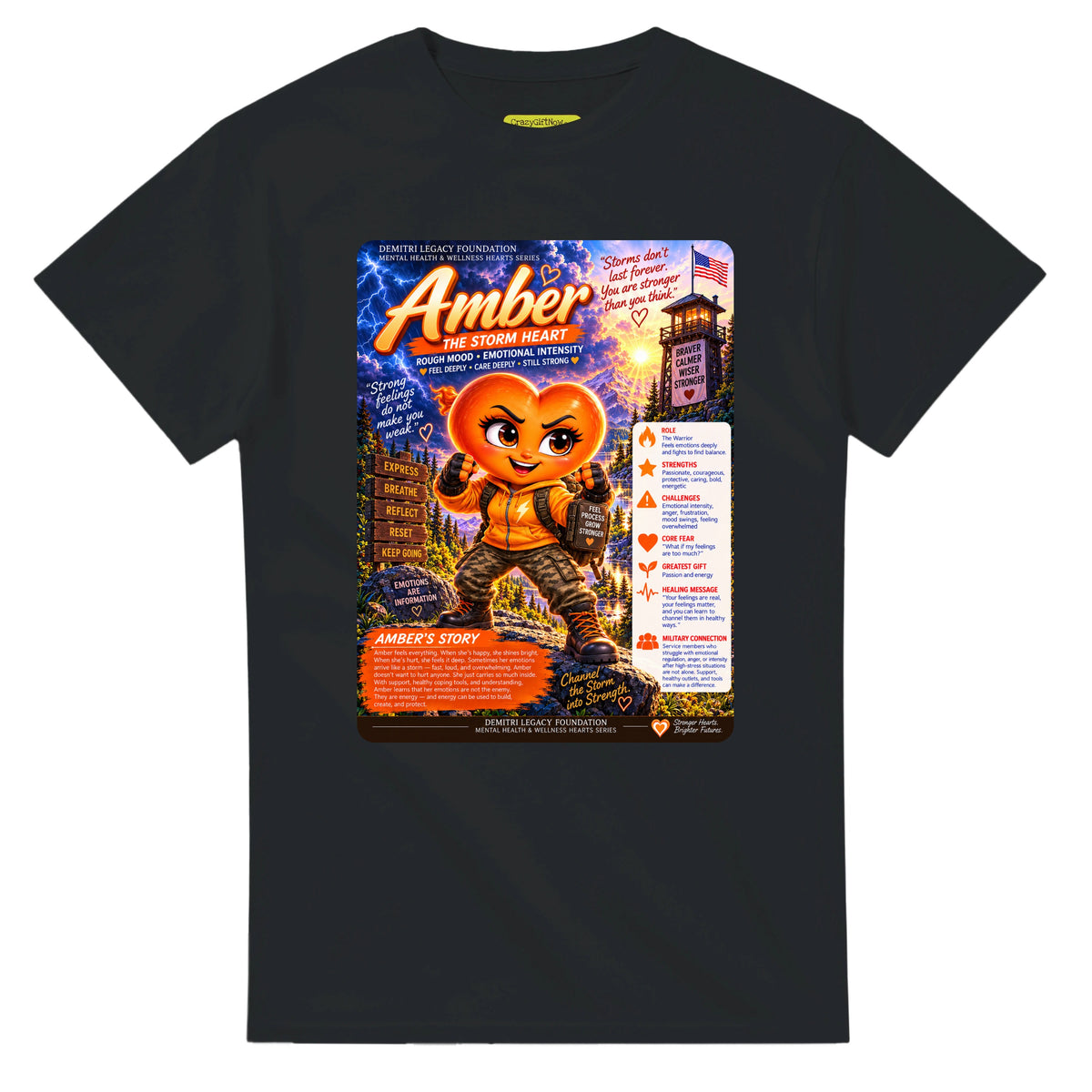 Amber: The Storm Heart story poster for veteran anger and emotional intensity awareness — black unisex t-shirt