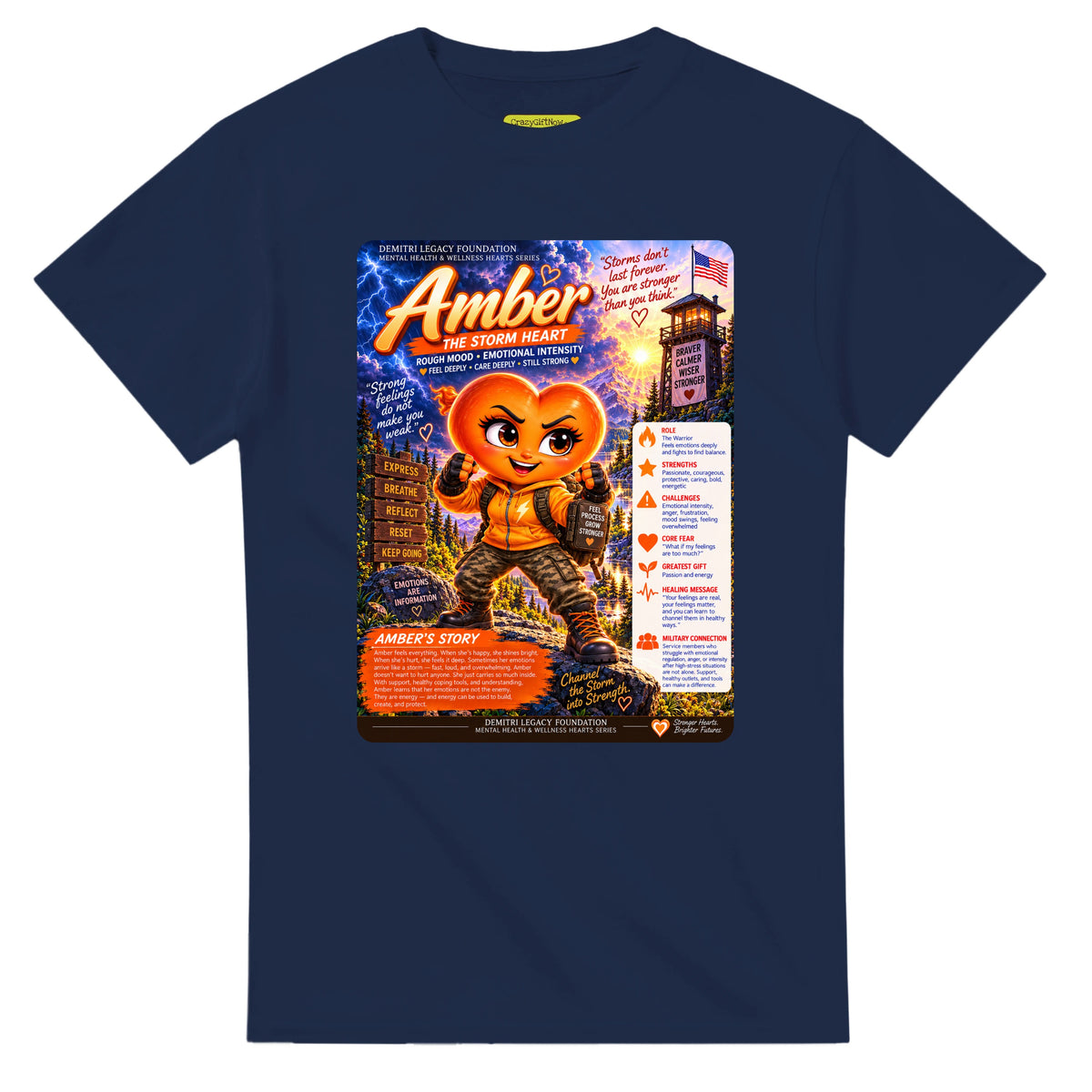 Amber: The Storm Heart story poster for veteran anger and emotional intensity awareness — navy unisex t-shirt