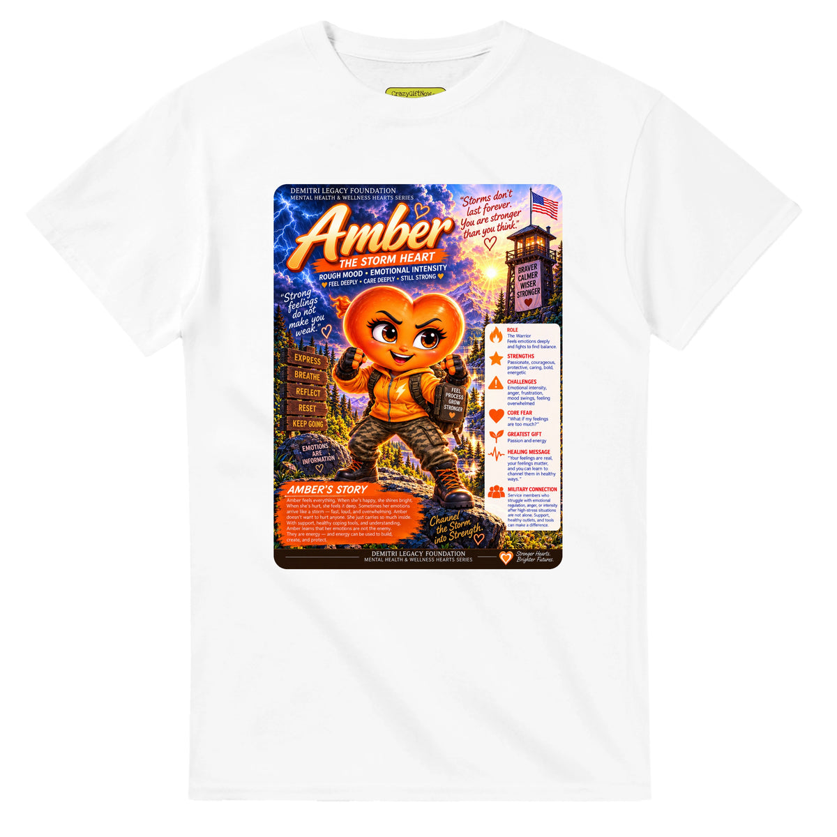 Amber: The Storm Heart story poster for veteran anger and emotional intensity awareness — white unisex t-shirt