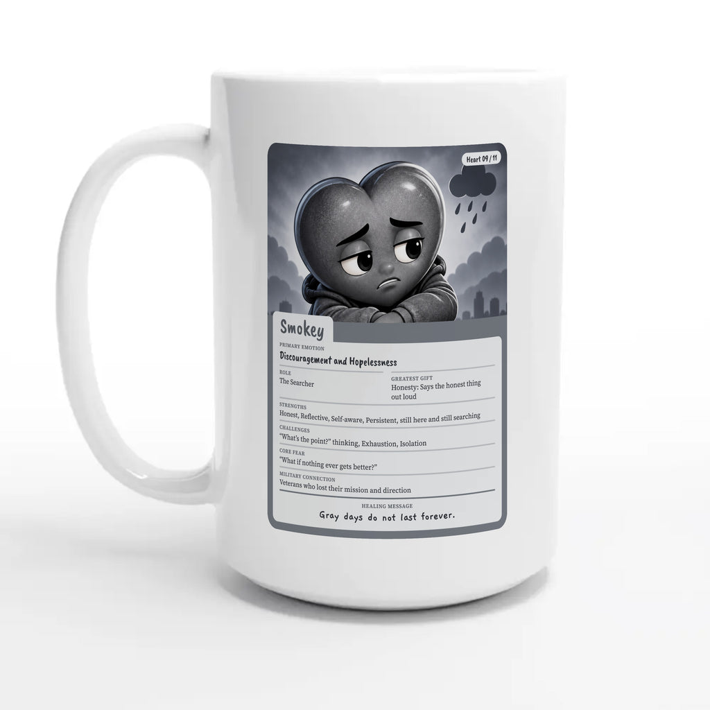 Smokey: The Searcher heart card for veteran discouragement and hopelessness awareness — 15oz coffee mug, other side
