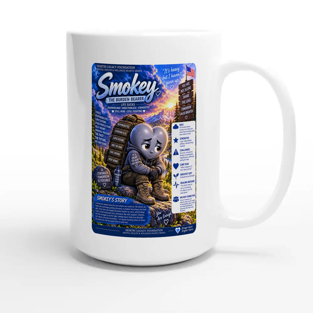 Smokey: The Burden Bearer story poster for veteran discouragement and hopelessness awareness — 15oz white coffee mug