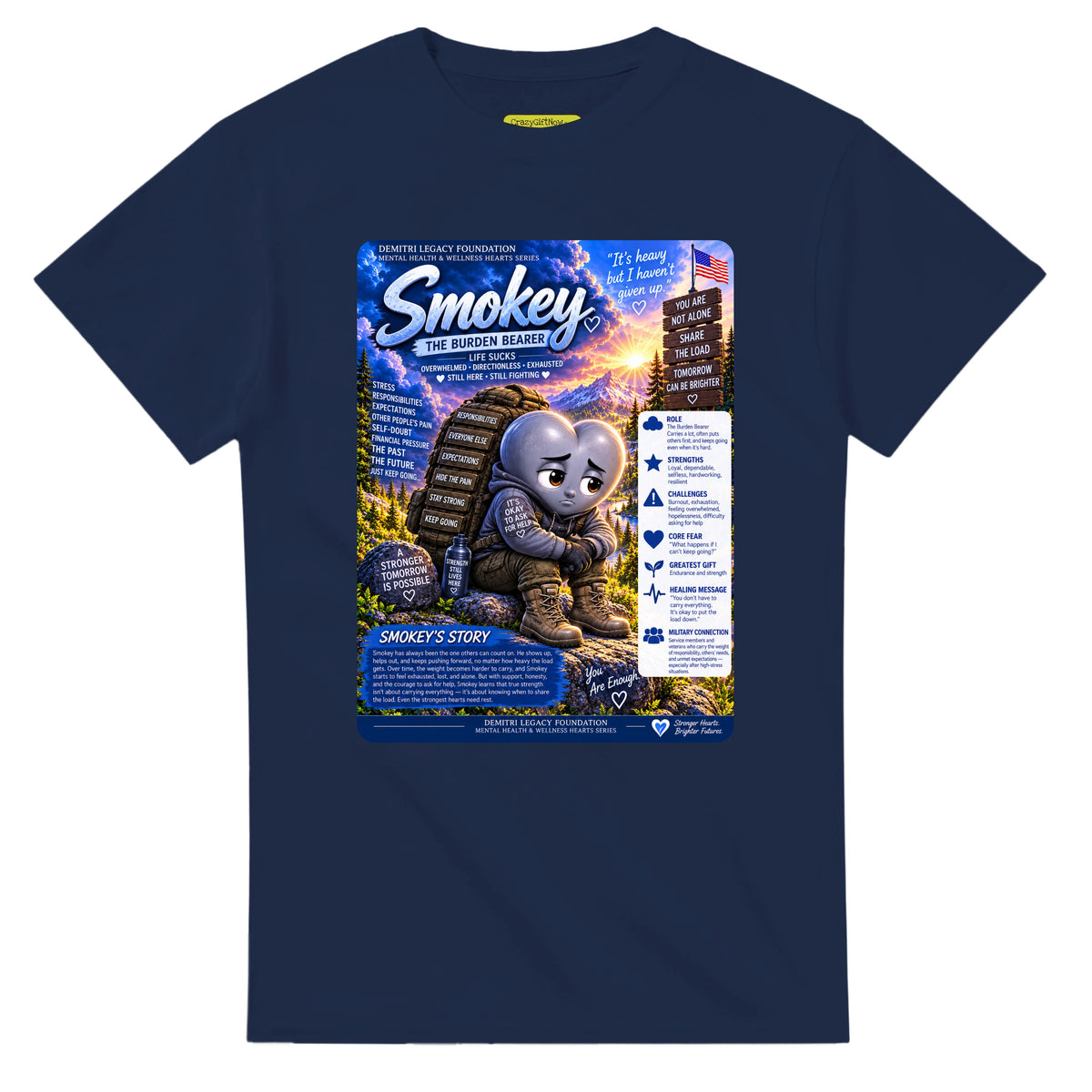 Smokey: The Burden Bearer story poster for veteran discouragement and hopelessness awareness — navy unisex t-shirt