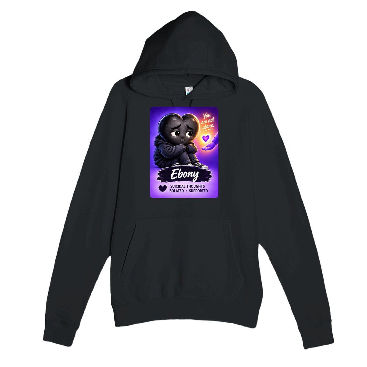 Ebony: The Heart Who Reached Out heart for veteran deep pain and isolation awareness — black unisex hoodie
