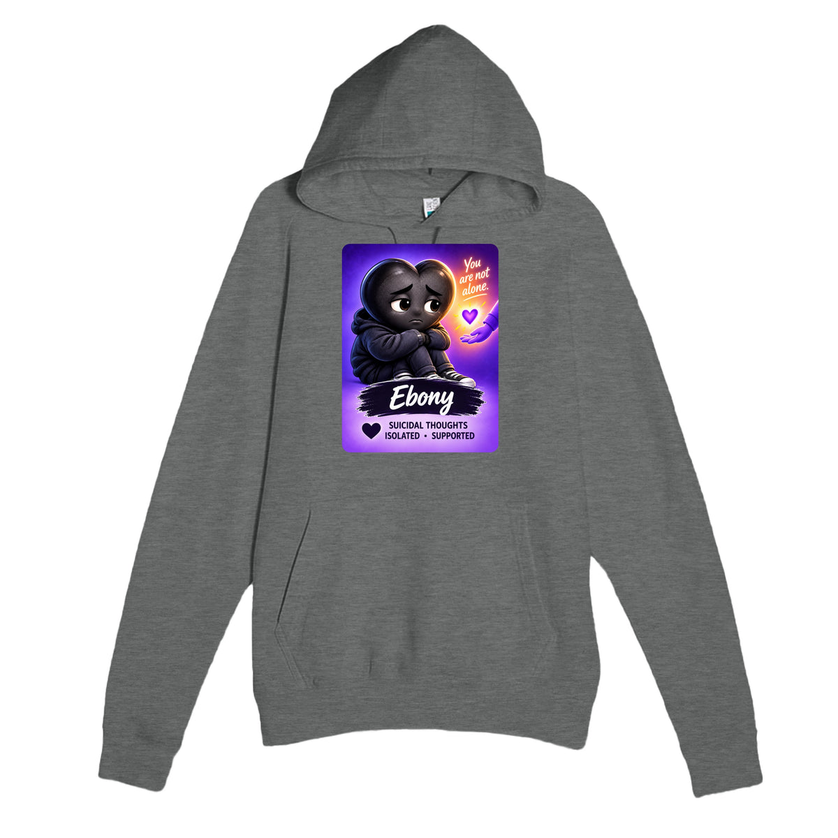 Ebony: The Heart Who Reached Out heart for veteran deep pain and isolation awareness — graphite heather unisex hoodie