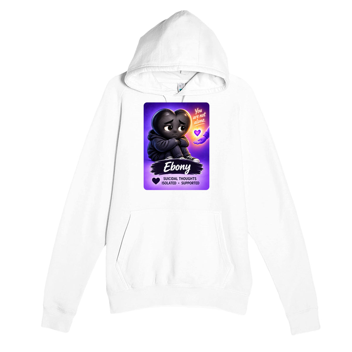 Ebony: The Heart Who Reached Out heart for veteran deep pain and isolation awareness — white unisex hoodie