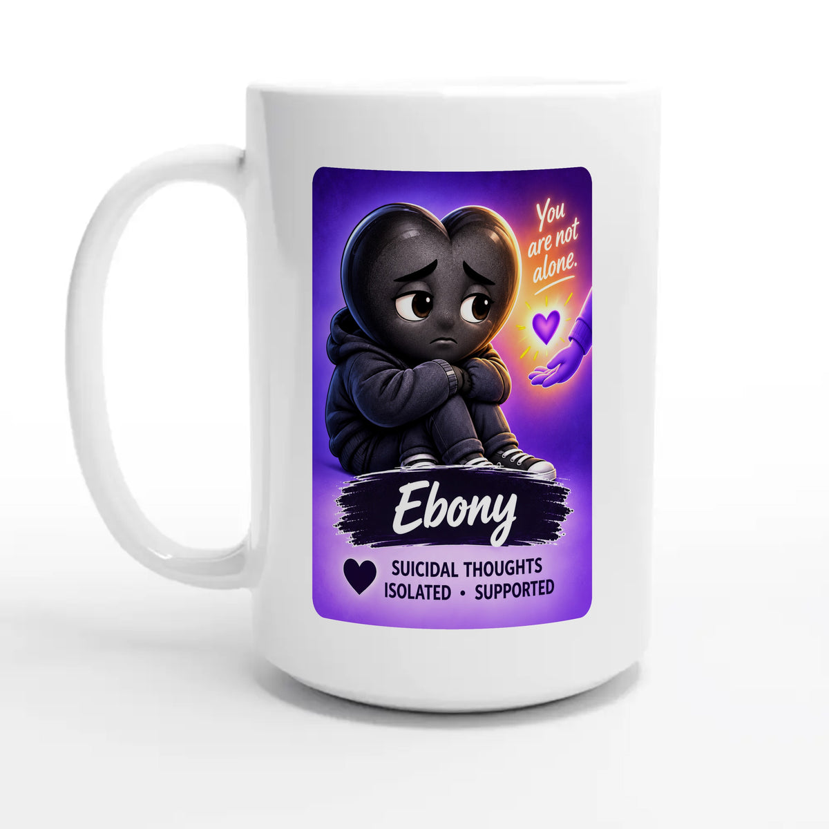 Ebony: The Heart Who Reached Out heart for veteran deep pain and isolation awareness — 15oz coffee mug, other side