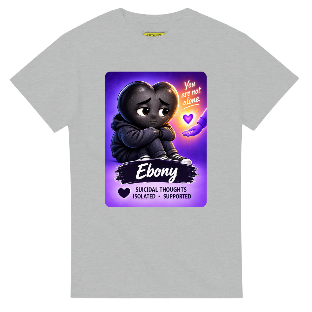 Ebony: The Heart Who Reached Out heart for veteran deep pain and isolation awareness — ash unisex t-shirt