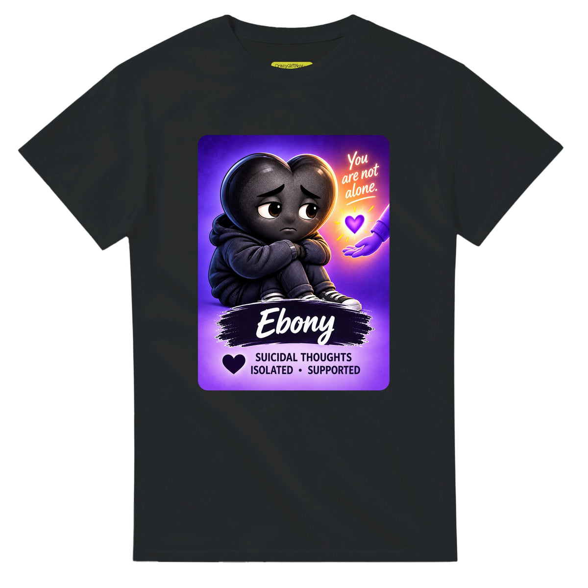 Ebony: The Heart Who Reached Out heart for veteran deep pain and isolation awareness — black unisex t-shirt