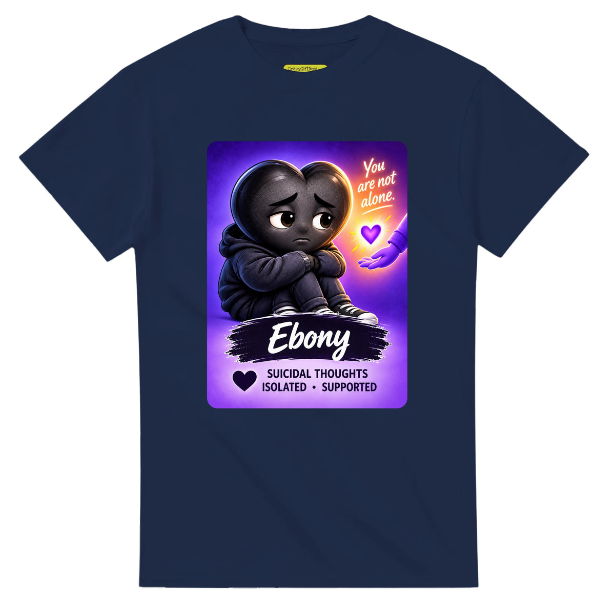 Ebony: The Heart Who Reached Out heart for veteran deep pain and isolation awareness — navy unisex t-shirt