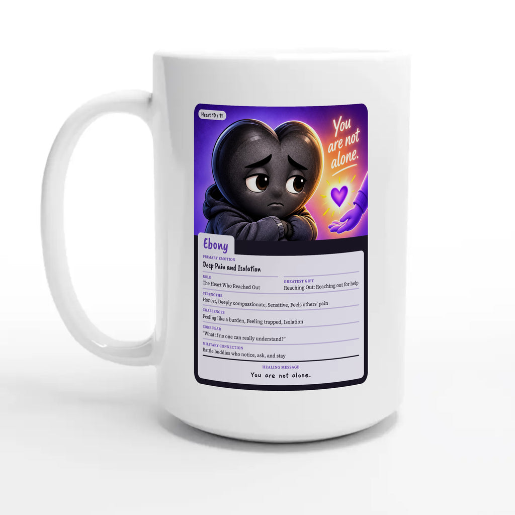Ebony: The Heart Who Reached Out heart card for veteran deep pain and isolation awareness — 15oz coffee mug, other side