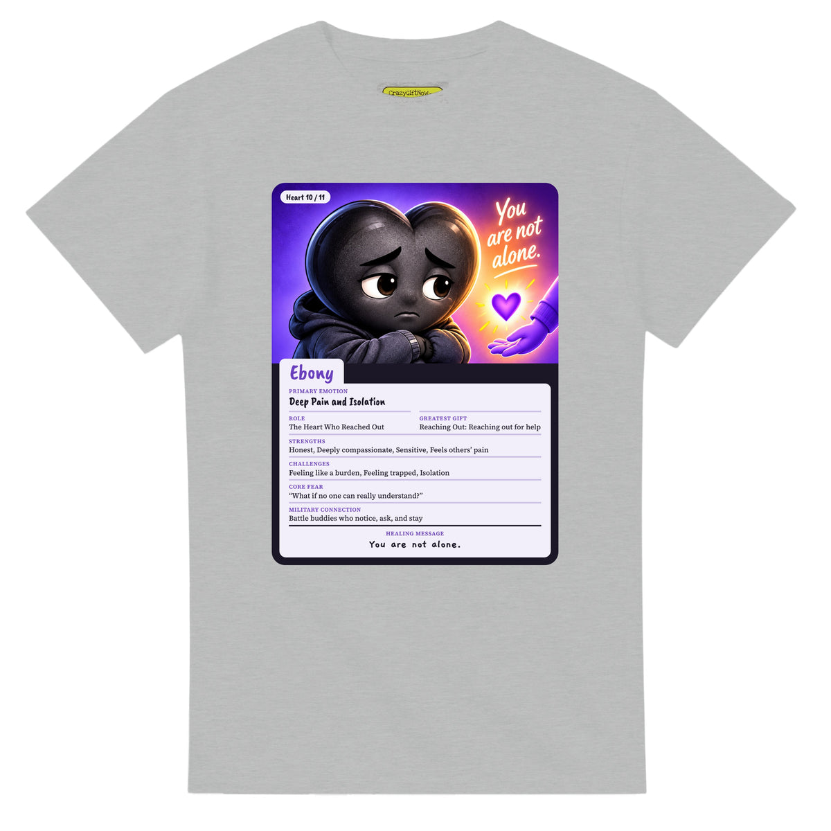 Ebony: The Heart Who Reached Out heart card for veteran deep pain and isolation awareness — ash unisex t-shirt