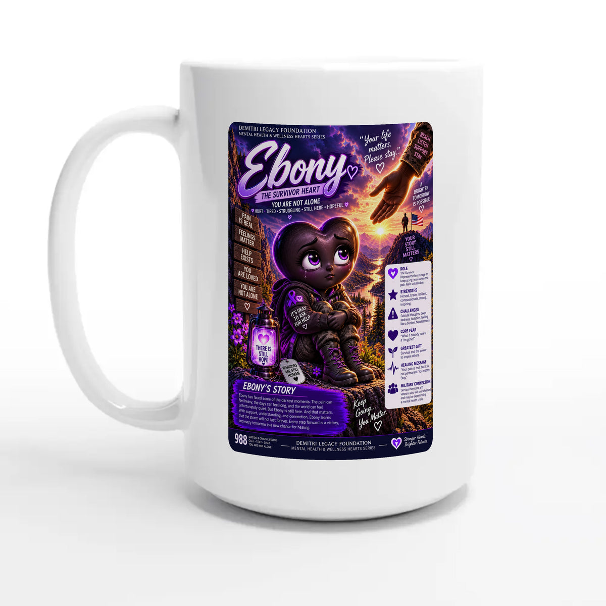 Ebony: The Survivor Heart story poster for veteran deep pain and isolation awareness — 15oz coffee mug, other side
