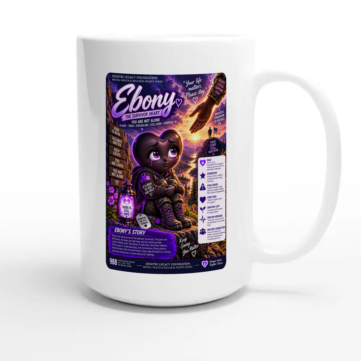 Ebony: The Survivor Heart story poster for veteran deep pain and isolation awareness — 15oz white coffee mug