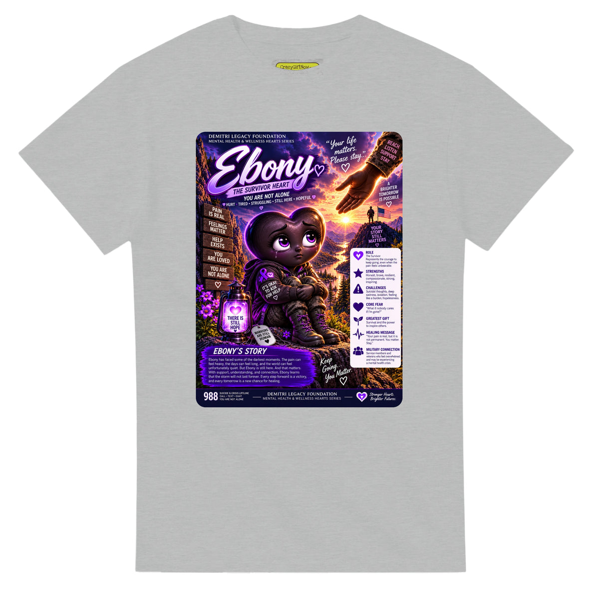 Ebony: The Survivor Heart story poster for veteran deep pain and isolation awareness — ash unisex t-shirt