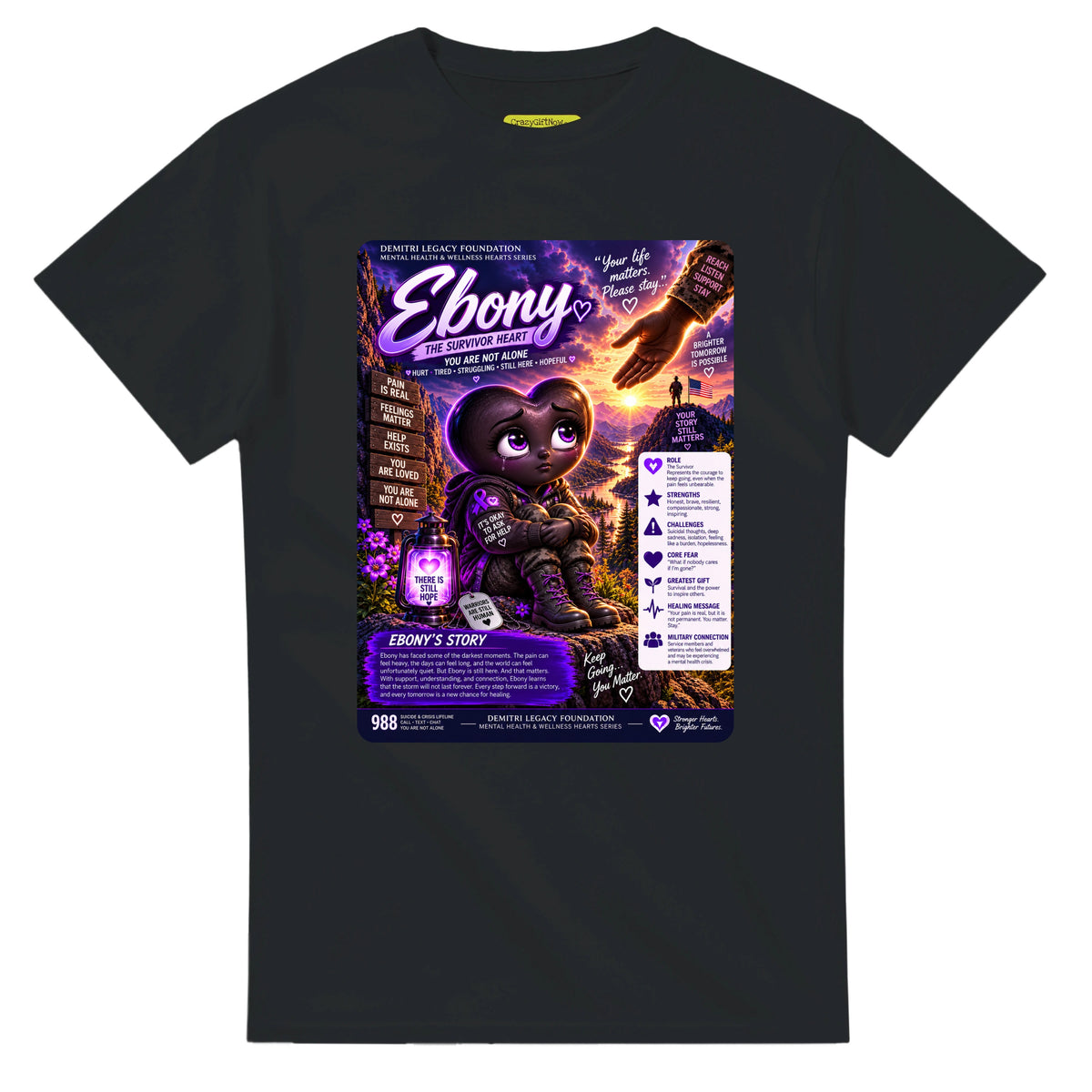 Ebony: The Survivor Heart story poster for veteran deep pain and isolation awareness — black unisex t-shirt