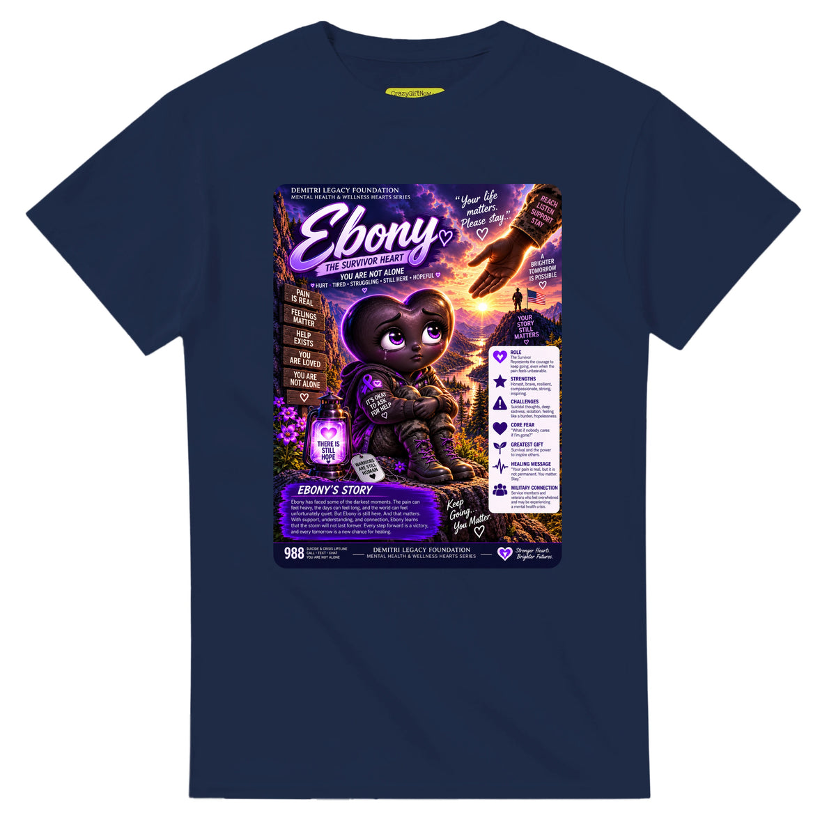 Ebony: The Survivor Heart story poster for veteran deep pain and isolation awareness — navy unisex t-shirt