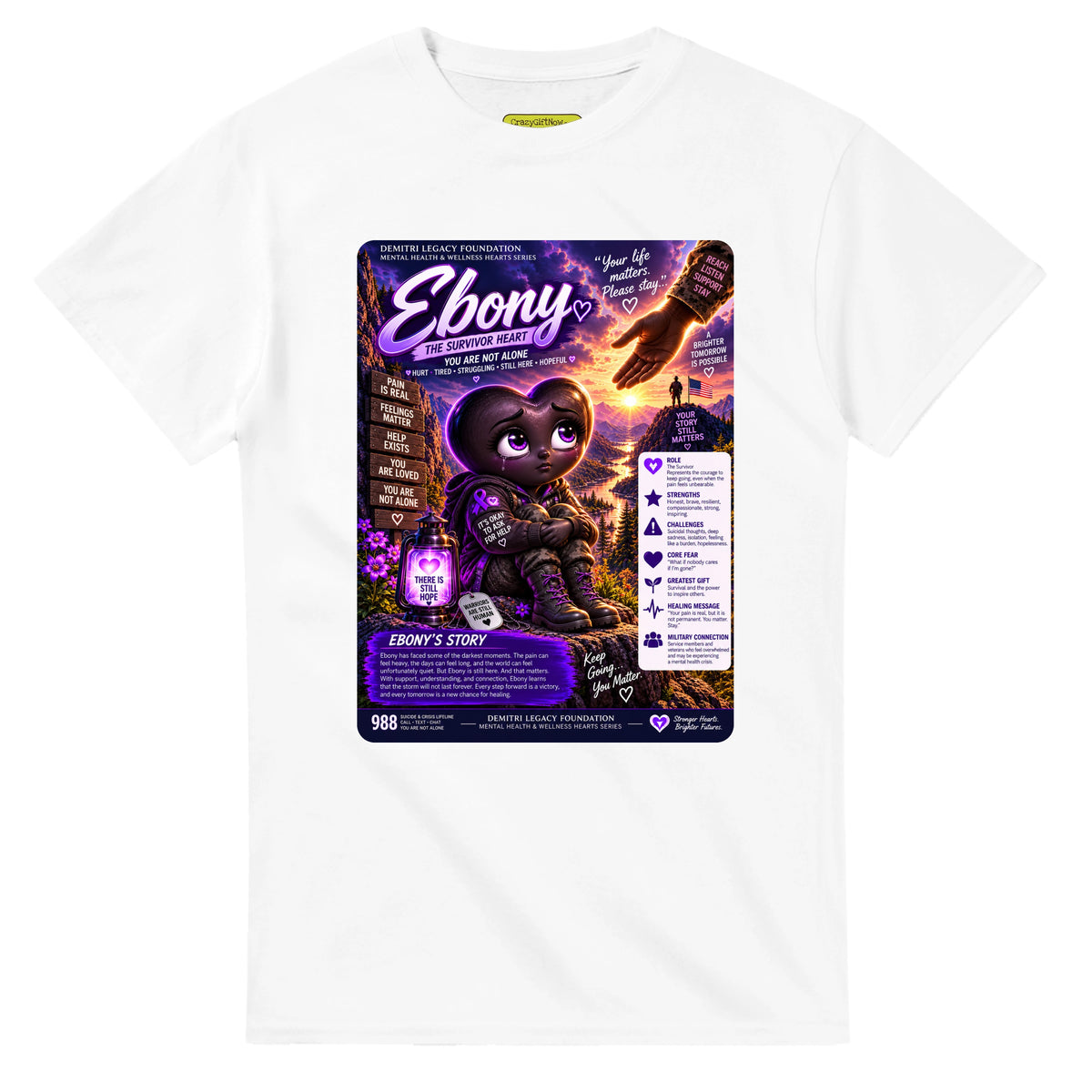 Ebony: The Survivor Heart story poster for veteran deep pain and isolation awareness — white unisex t-shirt