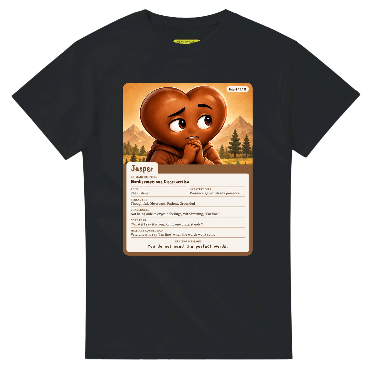 Jasper: The Listener heart card for veteran wordlessness and disconnection awareness — black unisex t-shirt