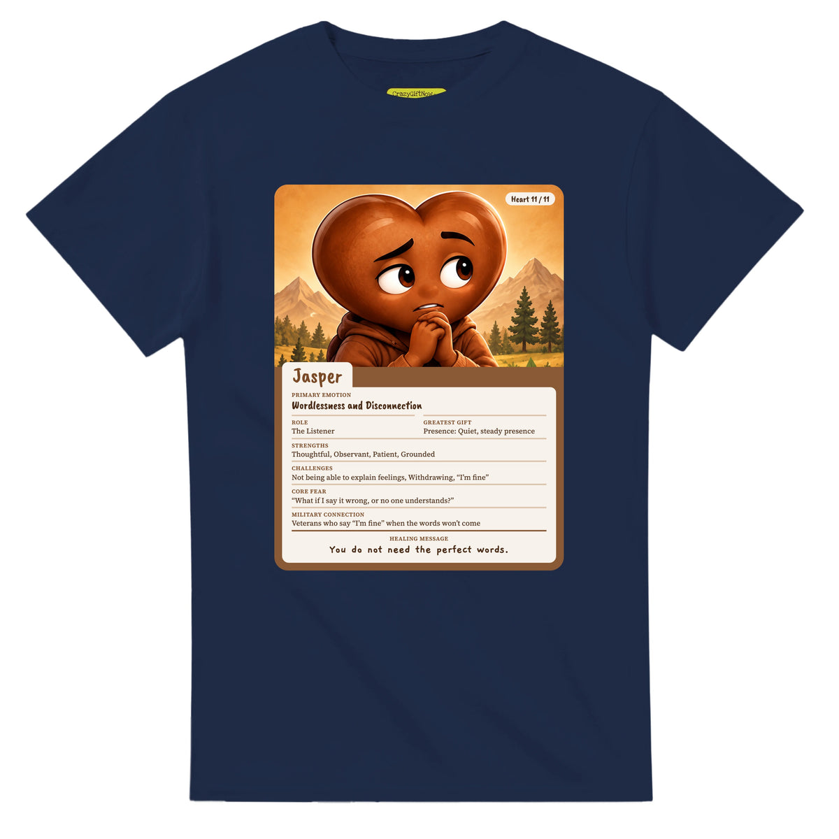 Jasper: The Listener heart card for veteran wordlessness and disconnection awareness — navy unisex t-shirt