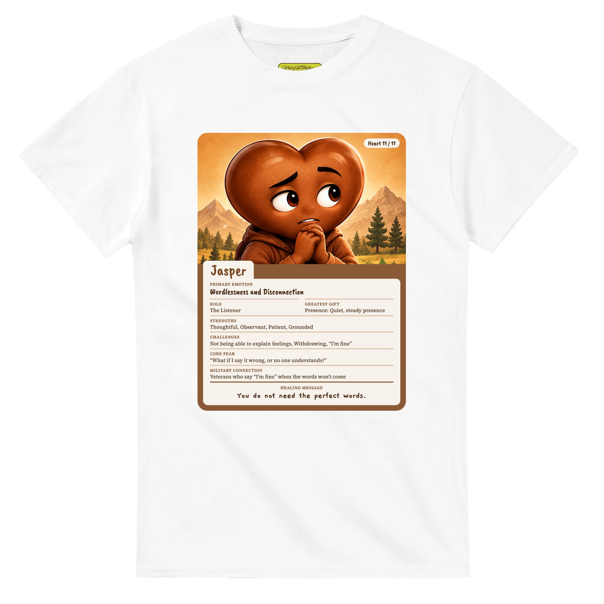 Jasper: The Listener heart card for veteran wordlessness and disconnection awareness — white unisex t-shirt