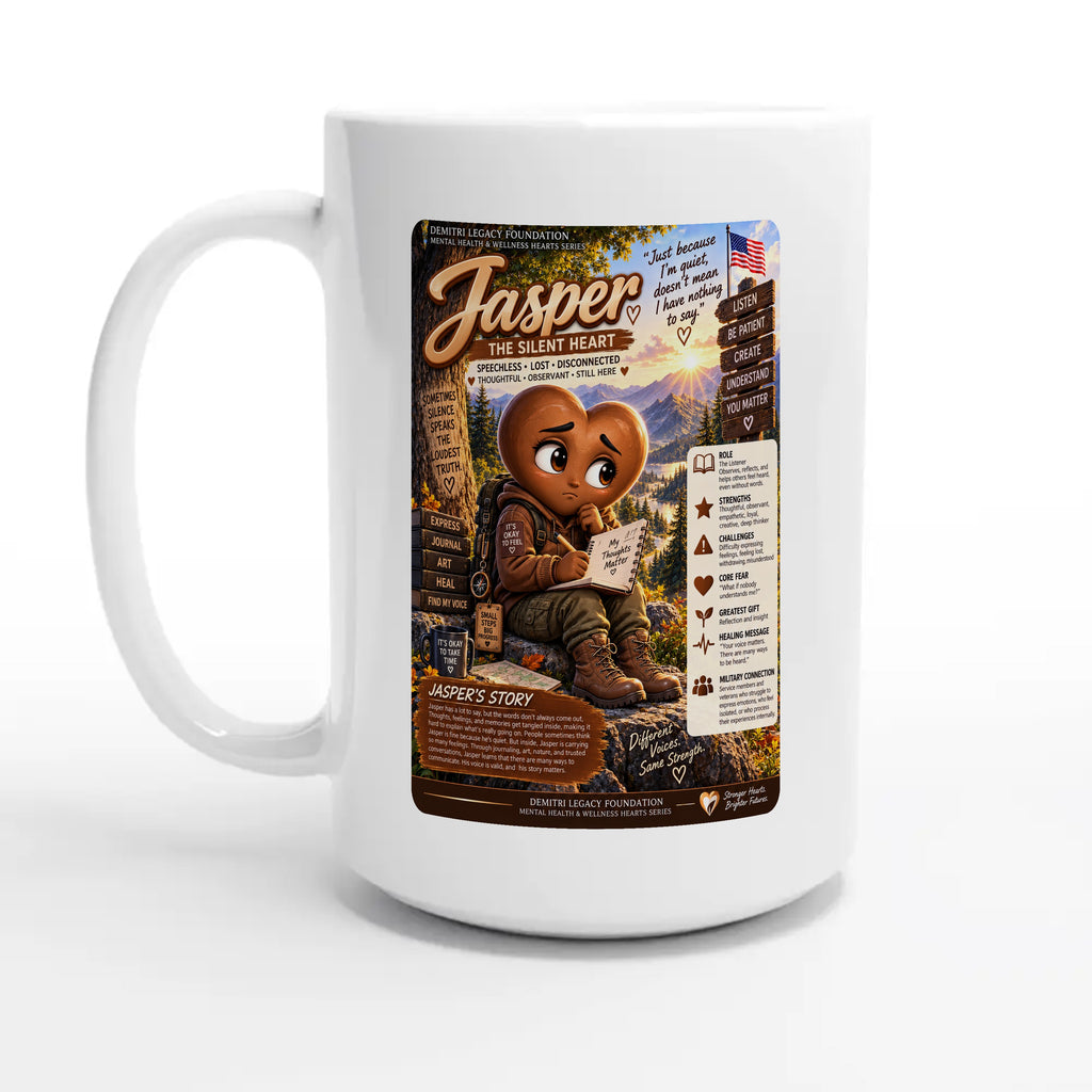 Jasper: The Silent Heart story poster for veteran wordlessness and disconnection awareness — 15oz coffee mug, other side