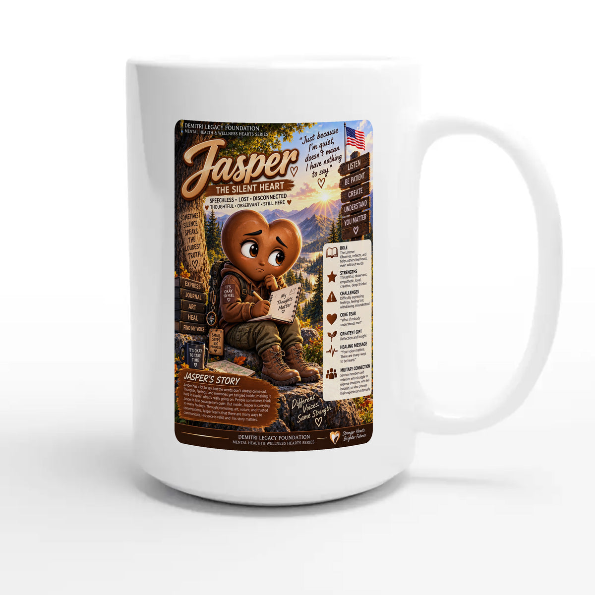 Jasper: The Silent Heart story poster for veteran wordlessness and disconnection awareness — 15oz white coffee mug