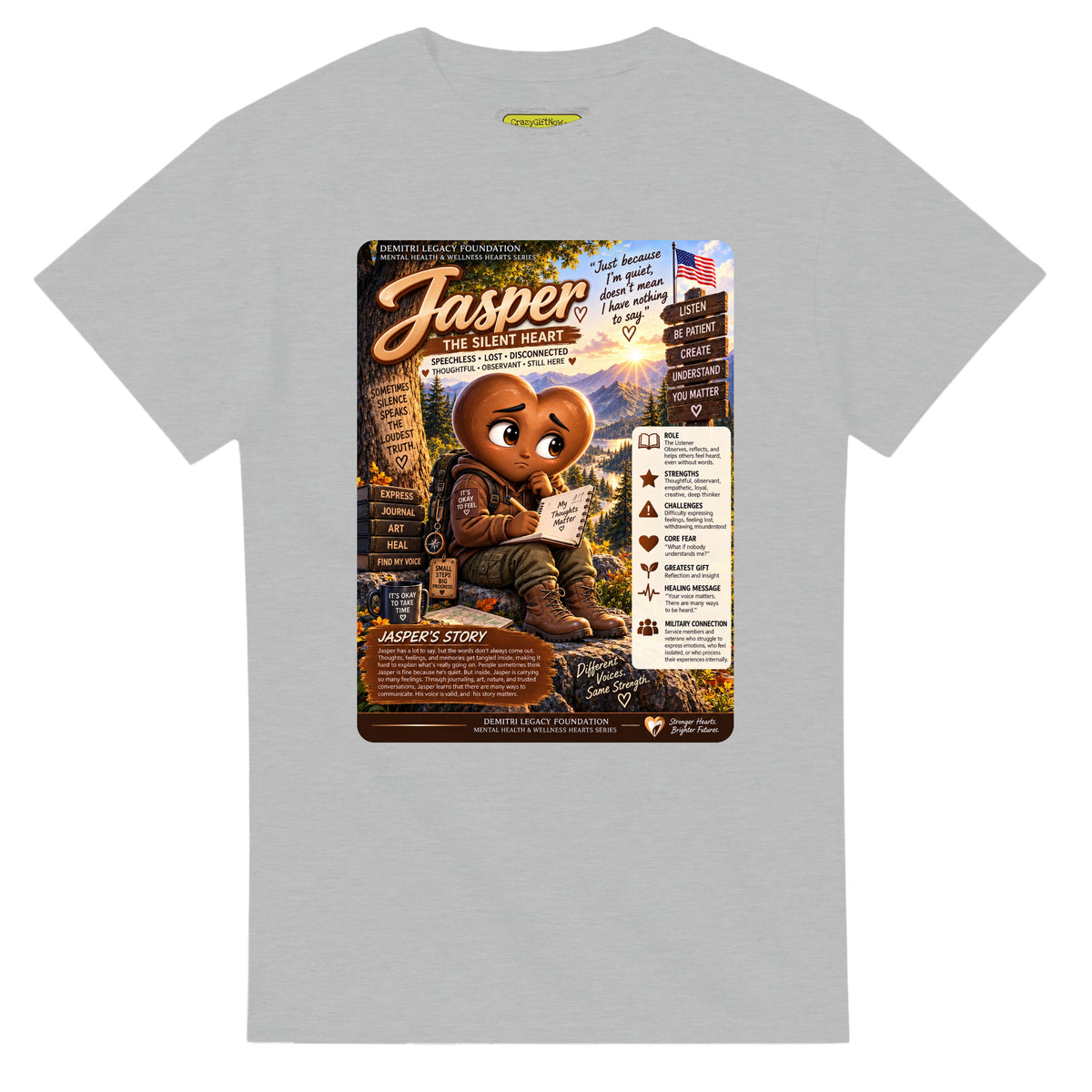 Jasper: The Silent Heart story poster for veteran wordlessness and disconnection awareness — ash unisex t-shirt