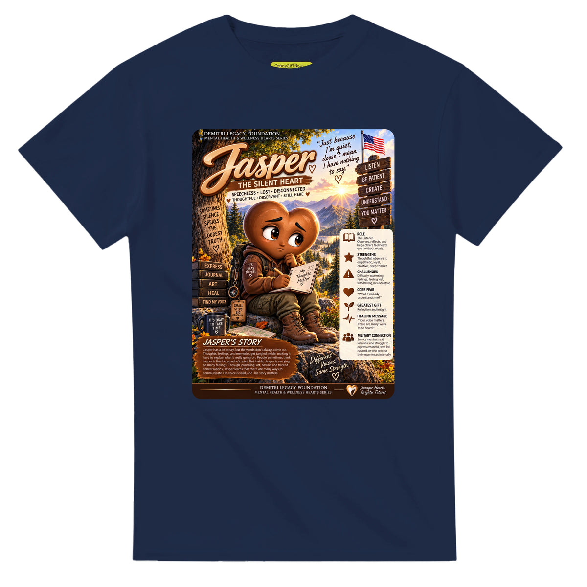 Jasper: The Silent Heart story poster for veteran wordlessness and disconnection awareness — navy unisex t-shirt