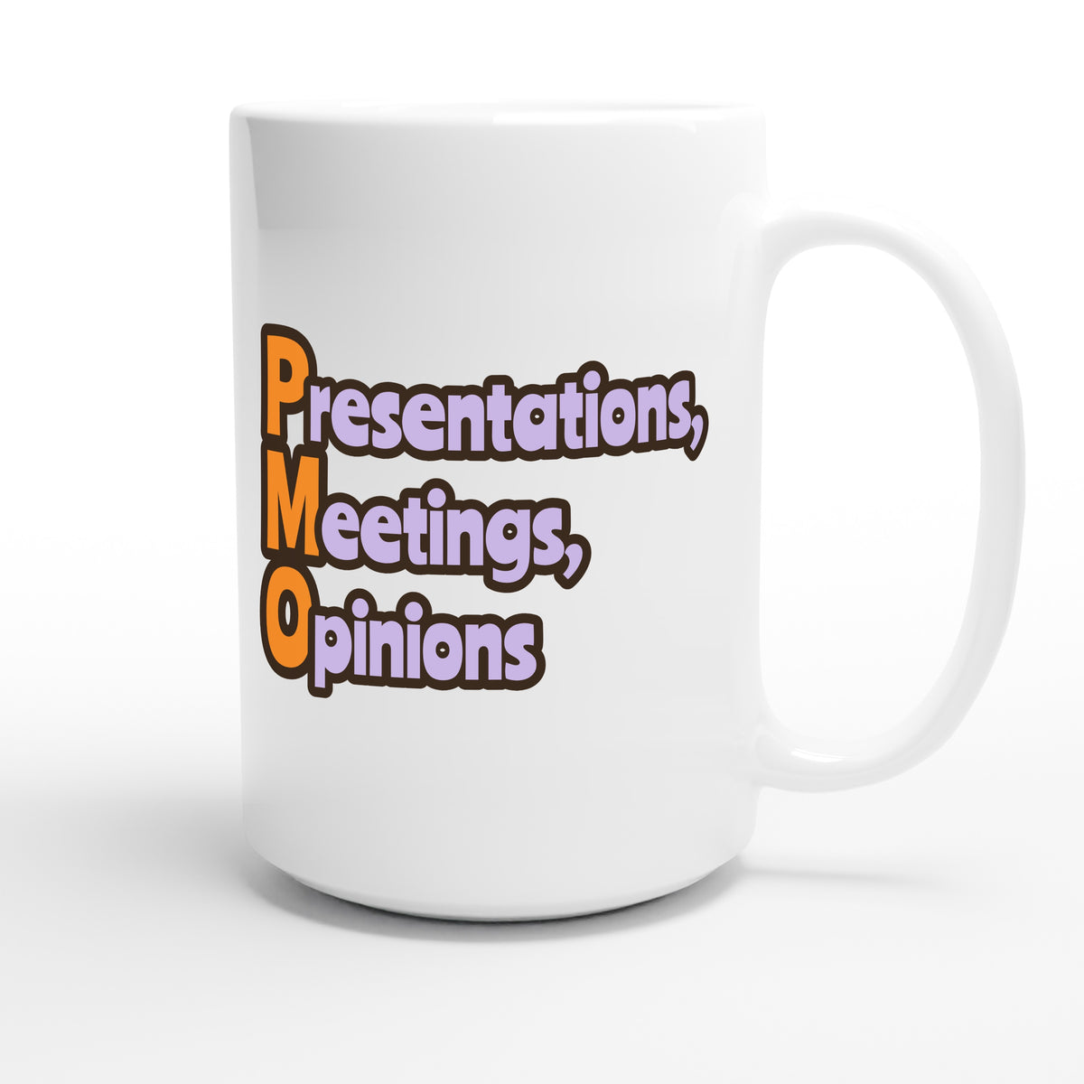 Presentations, Meetings, Opinions — funny 15oz white coffee mug