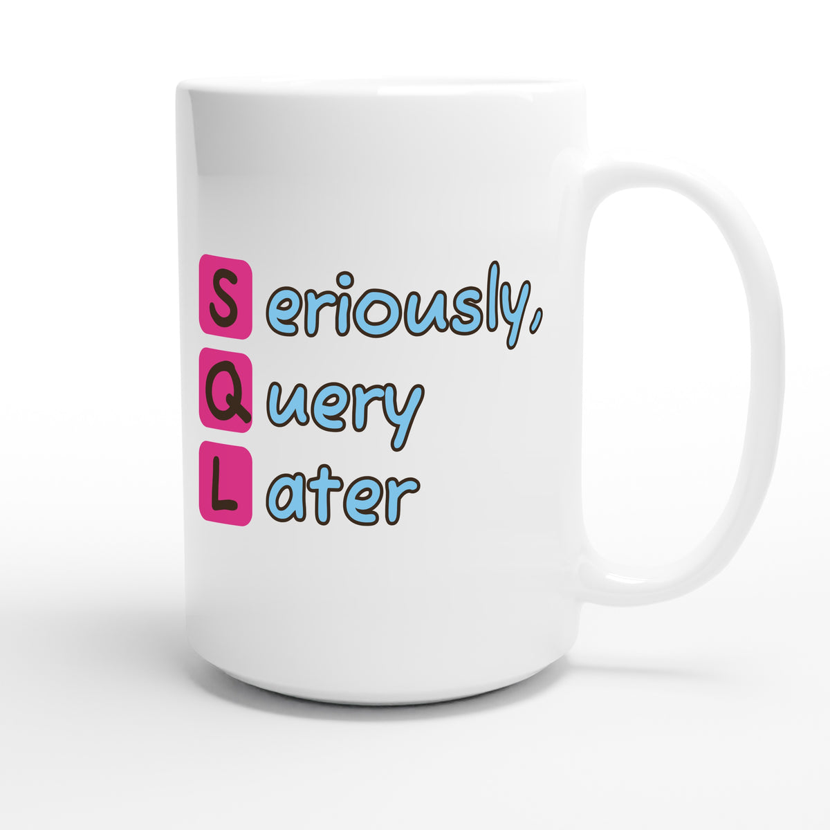 Seriously, Query Later — funny 15oz white coffee mug