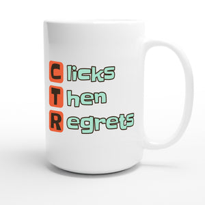 Clicks Then Regrets — funny 15oz white coffee mug