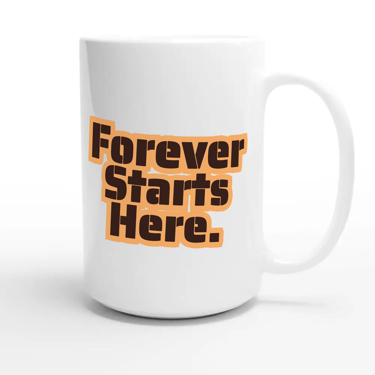 Forever Starts Here — heartfelt 15oz white coffee mug