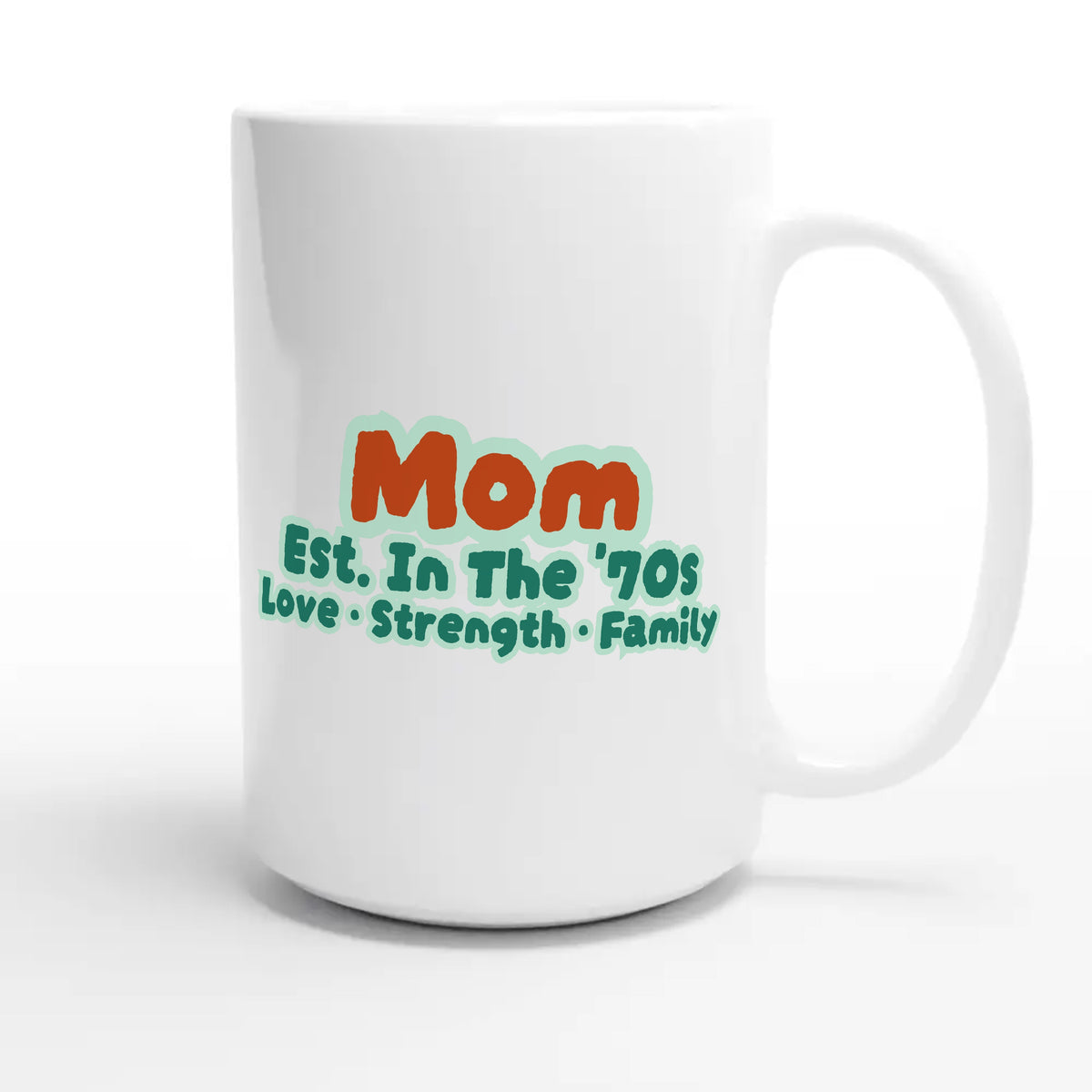 Mom • Est. In The '70s • Love • Strength • Family — cute 15oz white coffee mug