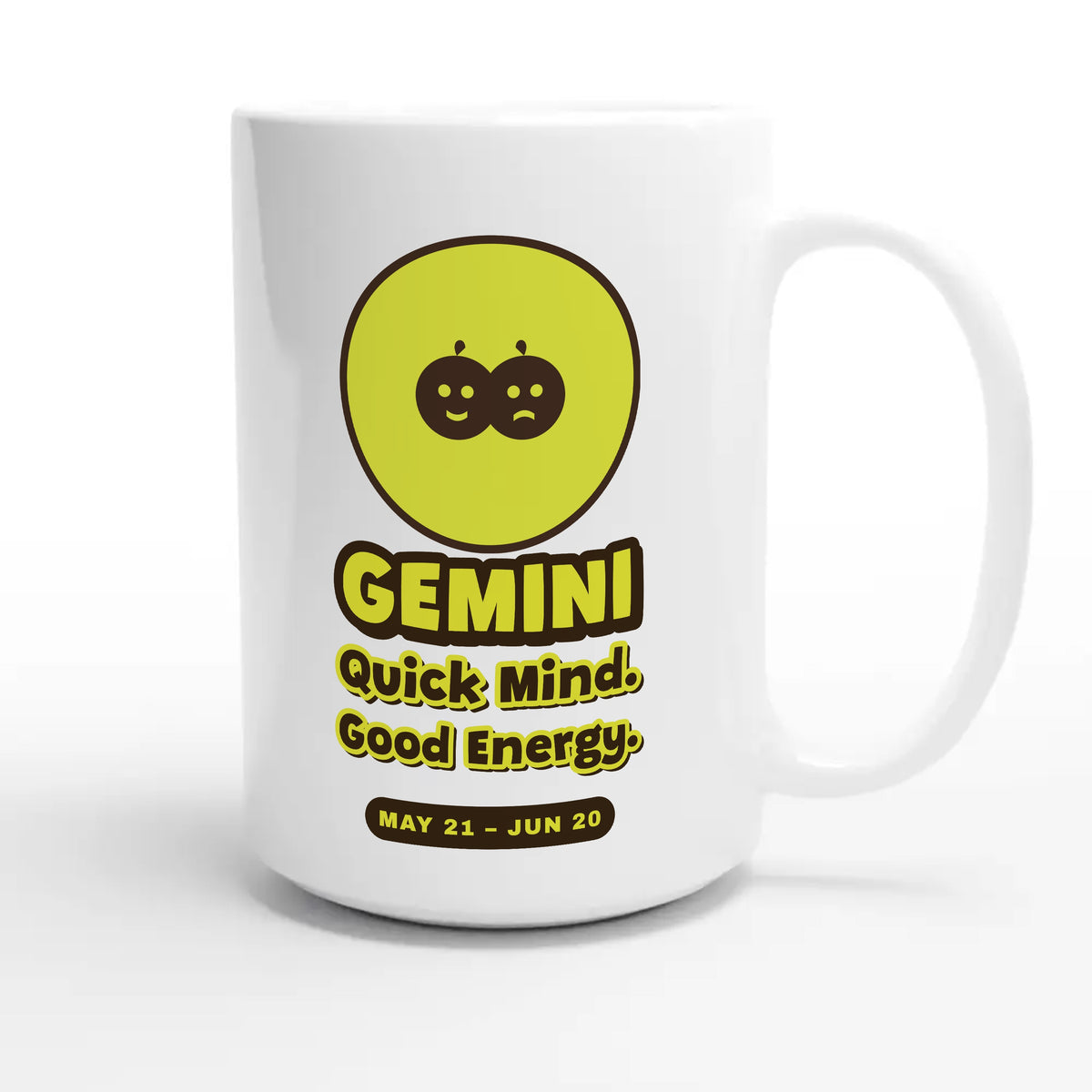 Gemini • Quick Mind. Good Energy — cute 15oz white coffee mug