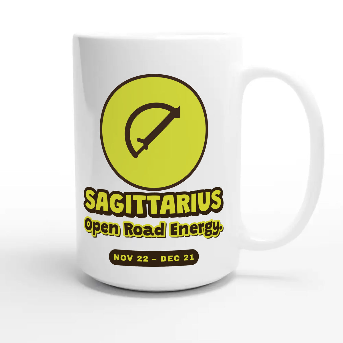 Sagittarius • Open Road Energy — cute 15oz white coffee mug