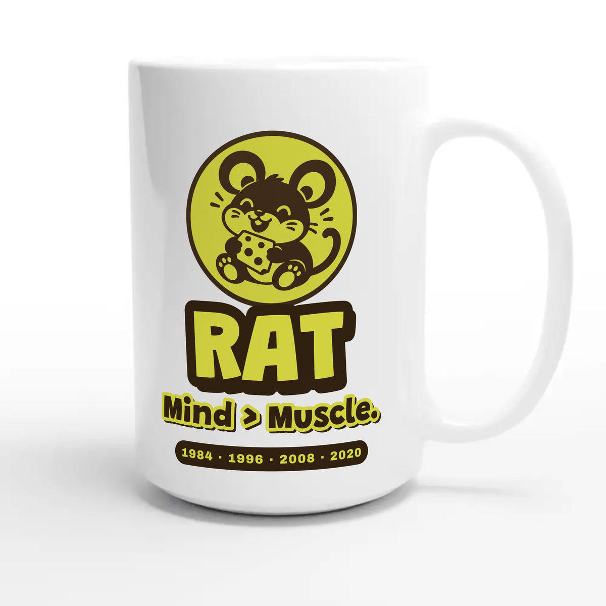 Rat • Mind > Muscle — cute 15oz white coffee mug