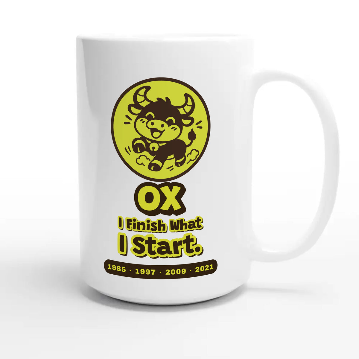 Ox • I Finish What I Start — cute 15oz white coffee mug